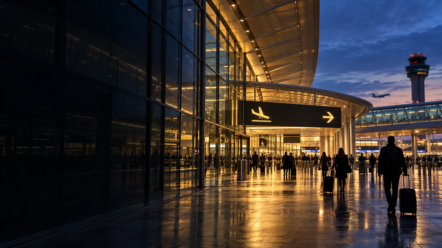 Airport departure and arrival concourse with travellers and luggage