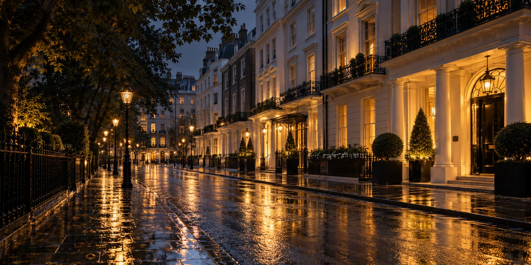 London streets and retail district in evening light
