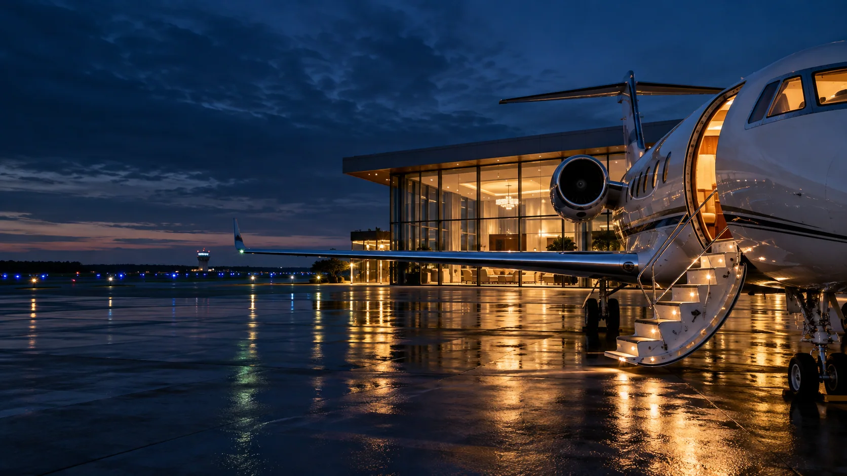 Business jet beside a private aviation facility