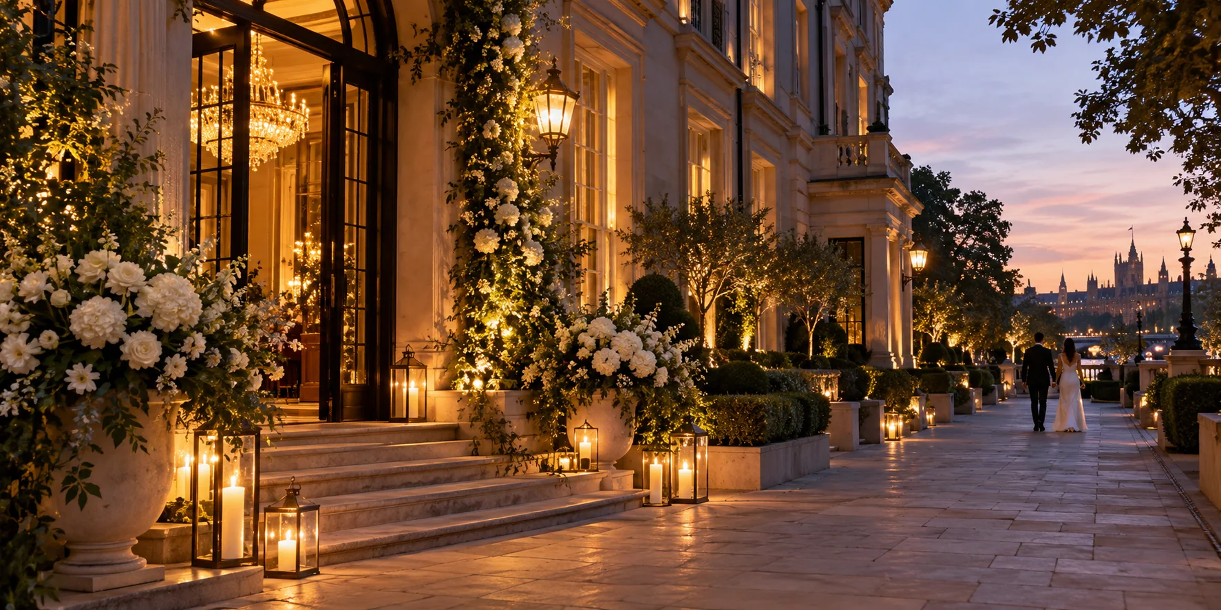 Wedding venue prepared for guests and vehicle arrivals