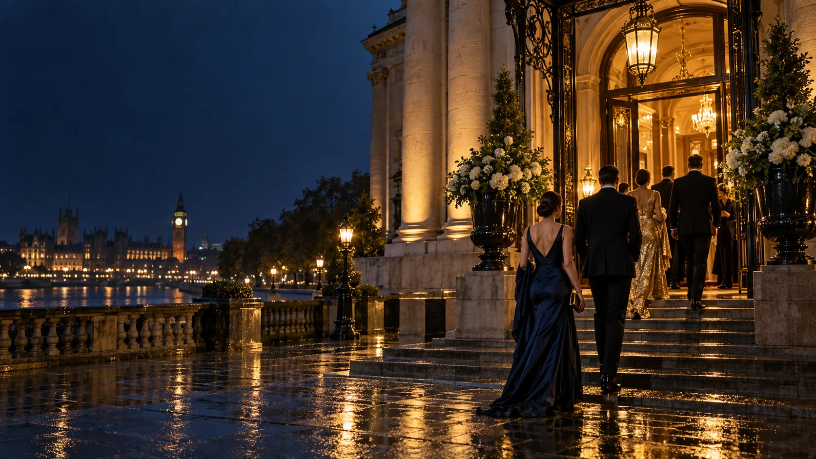 Guests arriving at a London evening event venue