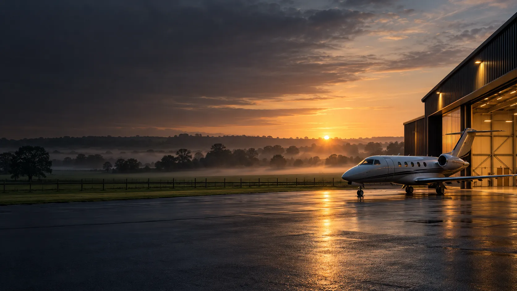 Illustrative Farnborough private aviation setting at dawn