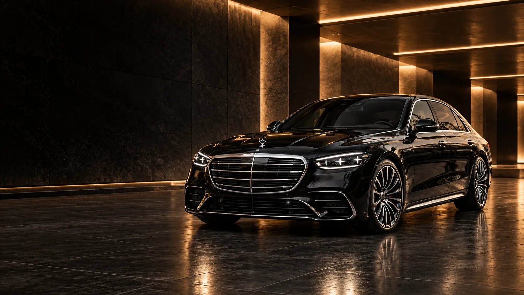 Illustrative latest-shape Mercedes-Benz S-Class at a contemporary building