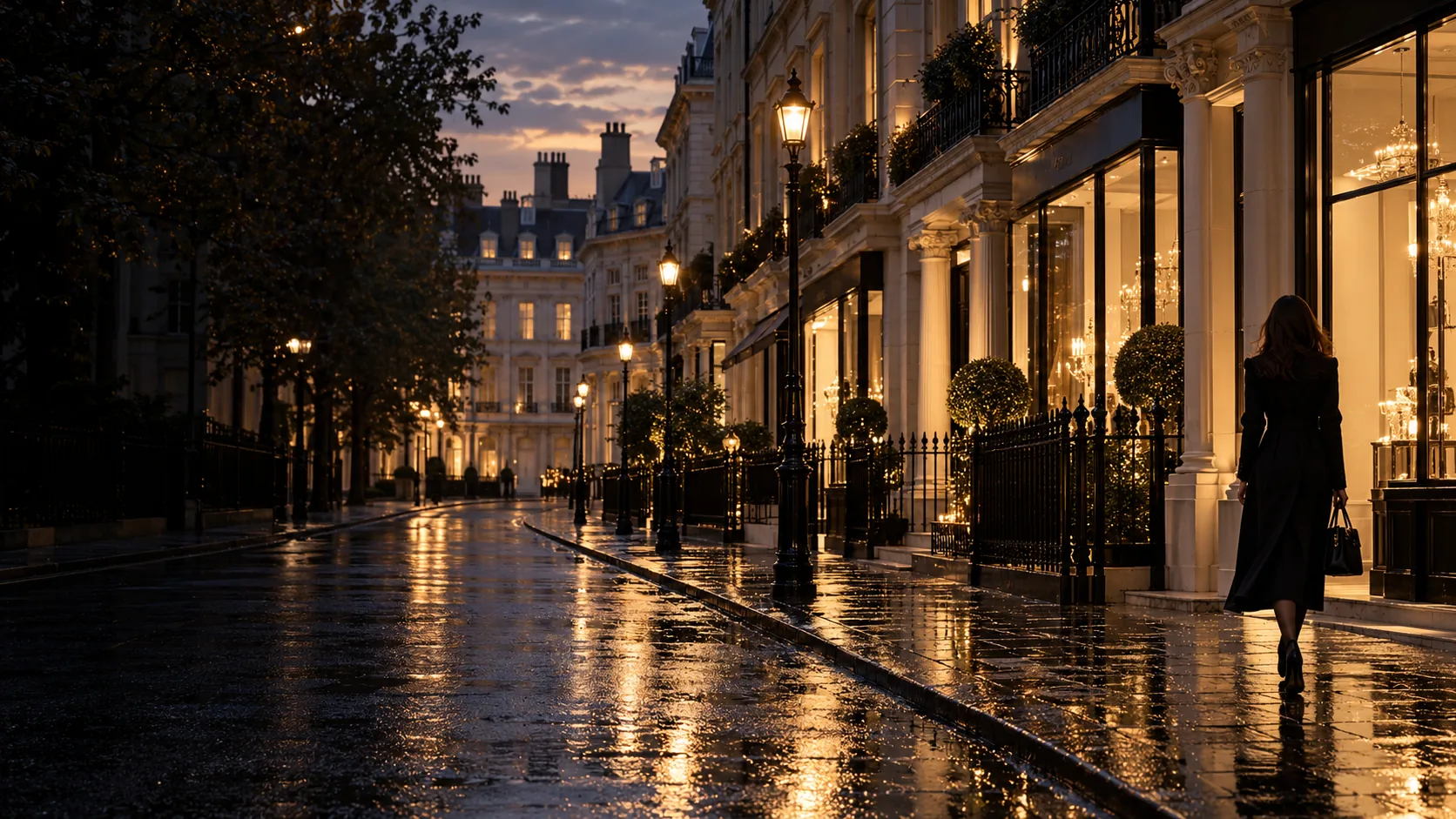 London shopping streets and hotels during evening light