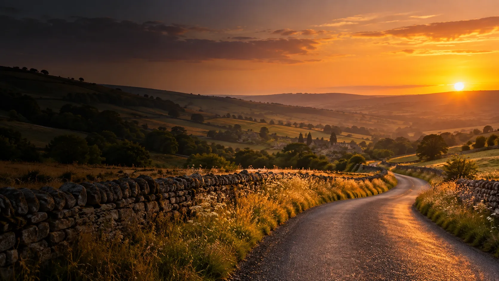 Open country road through rolling English landscape at dusk