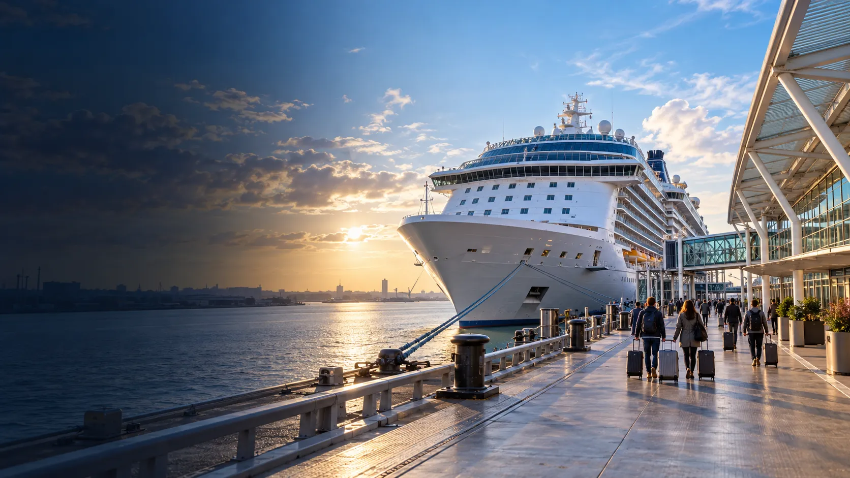 Cruise ship beside a British port passenger terminal