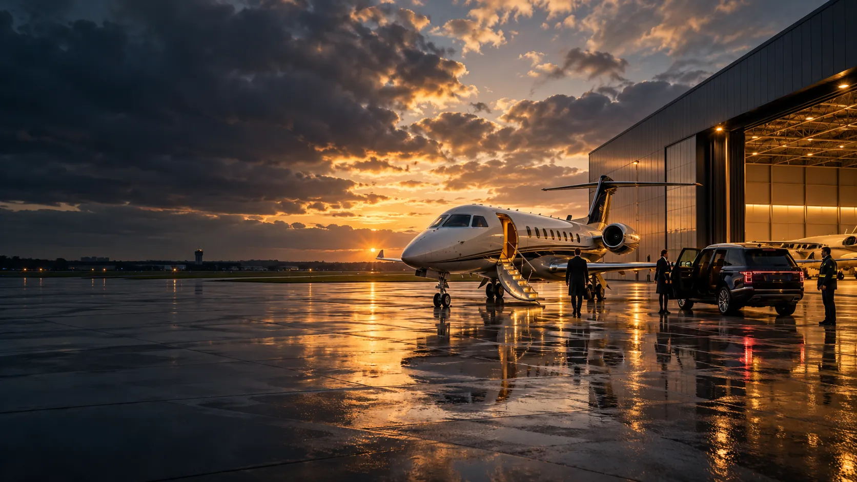Business aviation aircraft at a private terminal at dawn