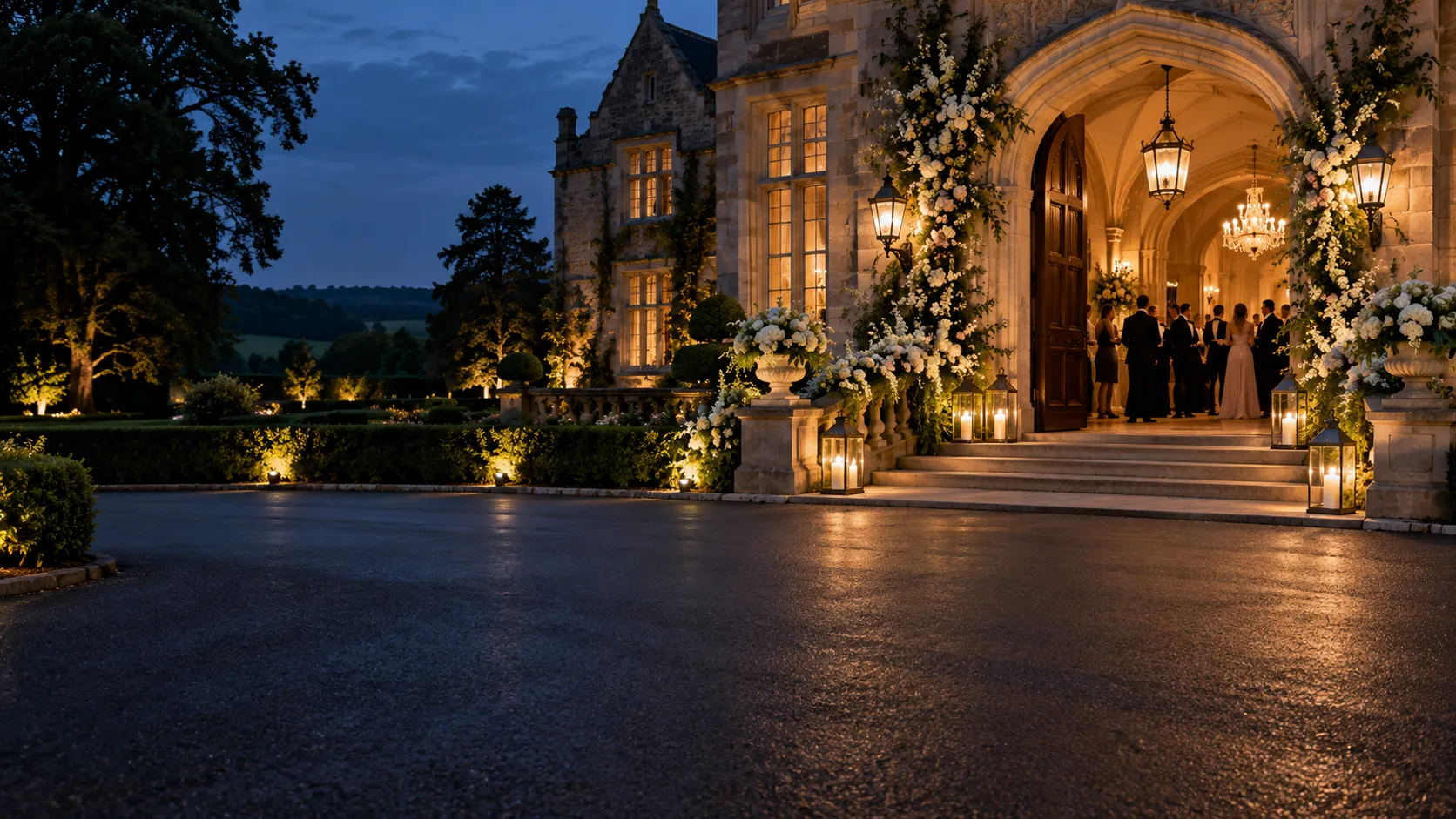Elegant country wedding venue and guest arrival area